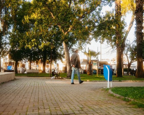 Person taking a relaxing afternoon walk in a sunny local park